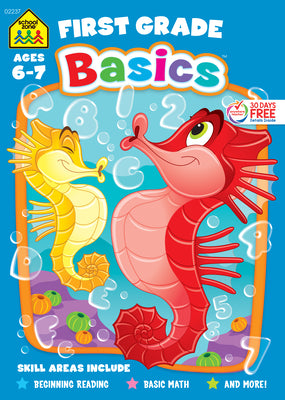 School Zone - First Grade Basics Workbook - 64 Pages, Ages 5 to 7, 1st Grade, Beginning Reading, Basic Math, Language Arts, Spelling, Counting Coins, and More (School Zone Basics Workbook Series)