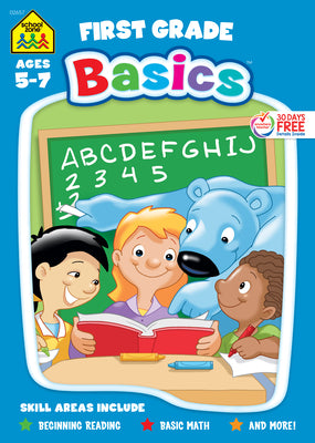 School Zone - First Grade Basics Workbook - 96 Pages, Ages 5 and Up, 1st Grade, Phonics, Vowels, Beginning Reading, Math, Telling Time, Money, and More (School Zone Basics Workbook Series)